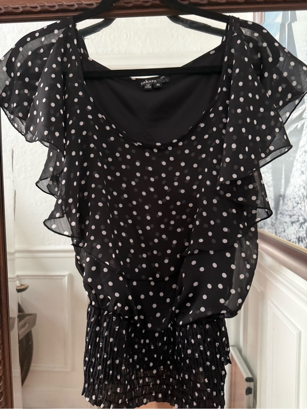Takara Black & White Polka Dot Ruffle Blouse